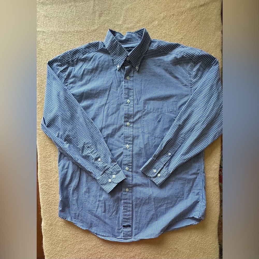 Nautica Blue Checkered Casual Button Down Shirt
